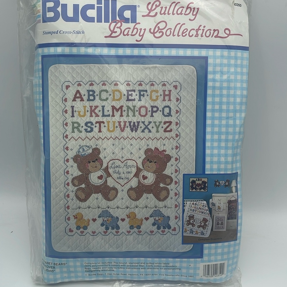 Bucilla Baby Stamped Cross Stitch Kit Alphabet Bears Crib Cover Quilt Blanket